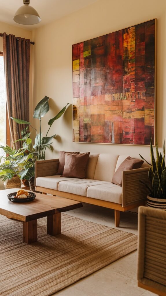 A neutral-toned sofa is complemented by a simple wooden coffee table and a large, lush potted plant. A large abstract painting with warm, earthy tones dominates the wall, creating a bold visual impact within this modern and natural home decor setting, which hints at African influences.