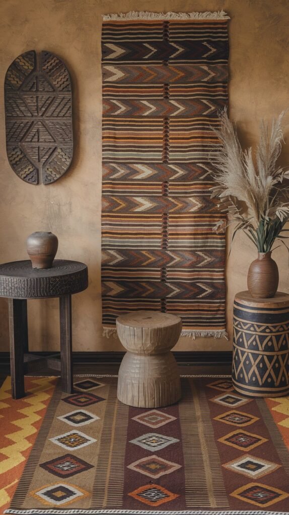 A decorative setup featuring a wooden side table with pottery, a small wooden stool, and a geometrically patterned rug with diamond shapes in warm colors. A long patterned wall hanging and a carved wooden wall art piece add texture and depth, establishing an earth-toned and bold African home decor atmosphere.