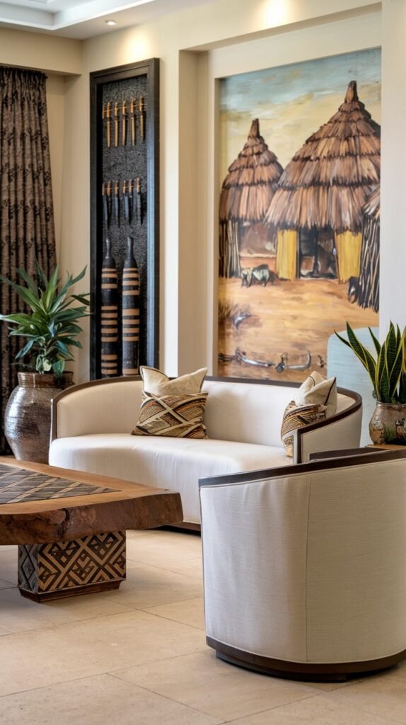 A spacious living area adorned with elegant white sofas featuring patterned cushions, a intricately carved wooden coffee table, and a large painting depicting traditional huts. A tall, dark display cabinet on the left side holds various decorative items, highlighting a rich and bold African home decor theme.