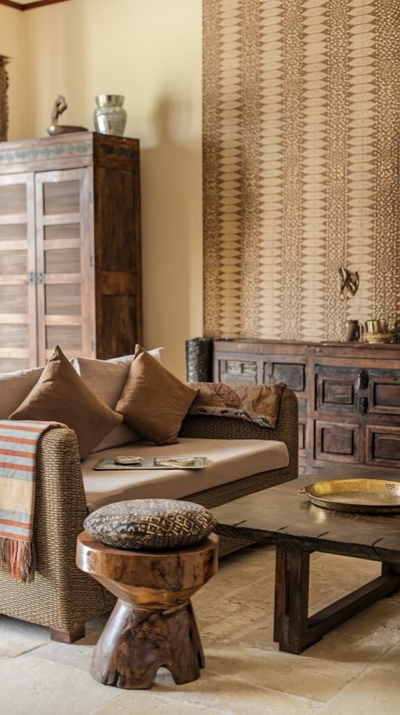 A comfortable light brown sofa with patterned cushions and a striped throw blanket is positioned near a dark wooden coffee table. A unique wooden stool with a patterned cushion, a large wooden cabinet, and patterned wallpaper create a cohesive and texturally rich African home decor space, where patterns are subtly bold.