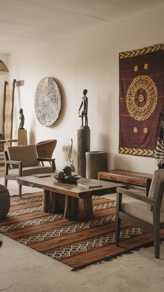 This spacious room features a light-colored sofa, a large wooden coffee table, two armchairs, and a vibrant, geometrically patterned rug. Various sculptural art pieces, including a large circular wall art and human figures on pedestals, are displayed, showcasing a sophisticated and bold African home decor collection.