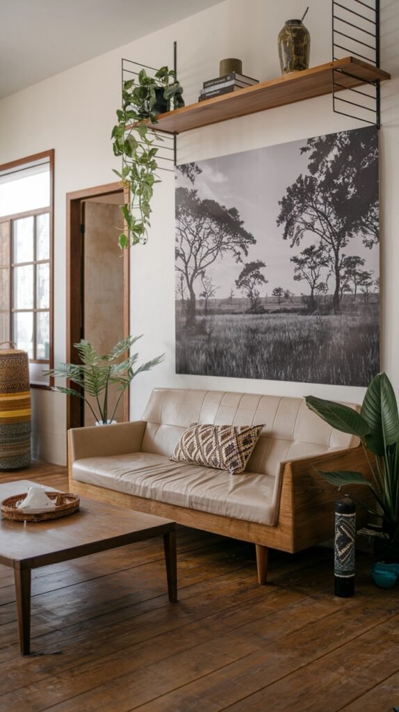 A light-colored leather sofa with wooden accents and a patterned cushion is the focal point, accompanied by a simple wooden coffee table. A large black and white landscape photograph dominates the wall, while potted plants and wall shelves with decorative items add a natural touch to this modern home decor, with subtle African patterns on the cushion, though less overtly bold than others.