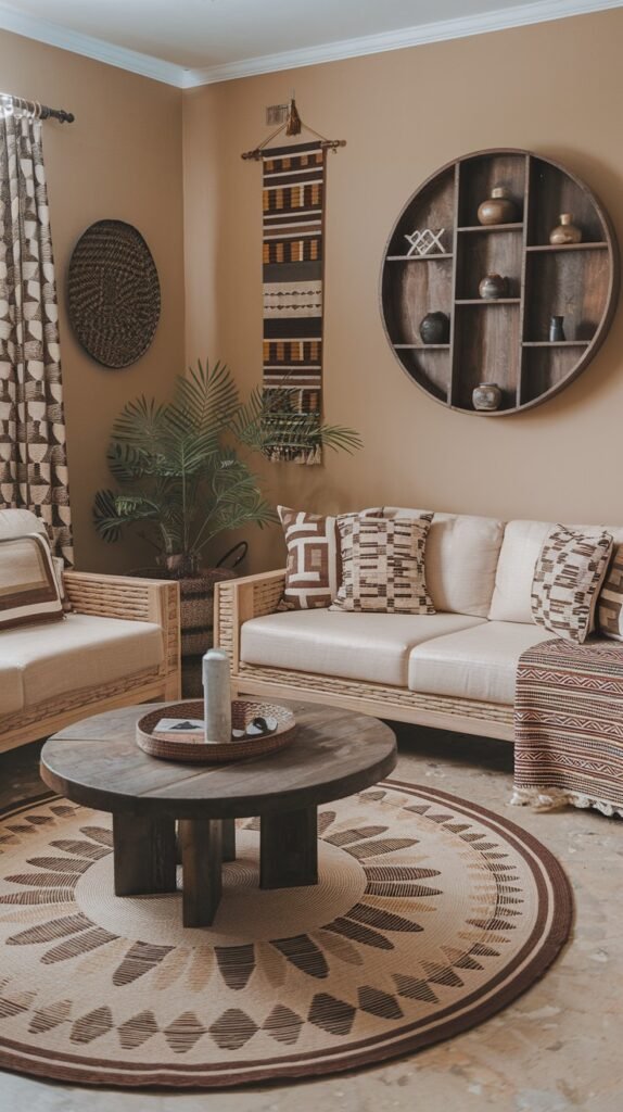 A warm and inviting space with a light-colored sofa and armchair, both adorned with patterned cushions. A round wooden coffee table, a circular patterned rug, a round wooden wall shelf filled with decorative objects, and a patterned wall hanging contribute to a cozy and bold African home decor ambiance.
