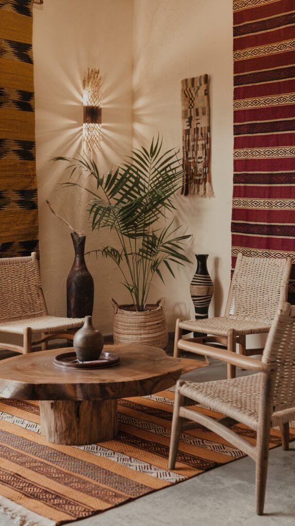 Two wooden chairs with woven seats surround a large, organic wooden coffee table. A striped patterned rug covers the floor, while a unique wall sconce casts intriguing light patterns, creating a natural and bold African home decor style emphasizing texture and warmth.