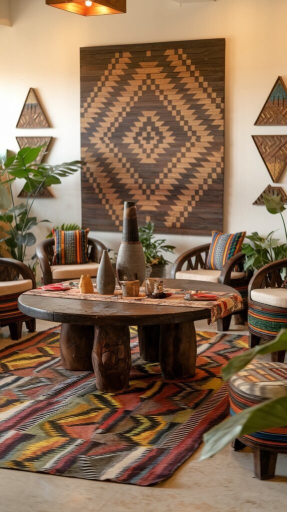 A central round wooden coffee table is surrounded by several wooden chairs with vibrantly patterned cushions. A large, richly colored and geometrically patterned rug provides a stunning foundation, while a massive wooden wall art piece with a diamond pattern completes this highly colorful and bold African home decor space.
