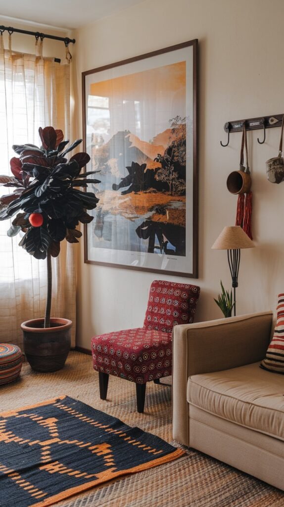 A light-colored sofa and a striking red patterned armchair are positioned on a natural fiber rug with a black and orange pattern. A large framed painting of a scenic landscape with elephants adds a touch of the wild, completing this space with bold African home decor elements.