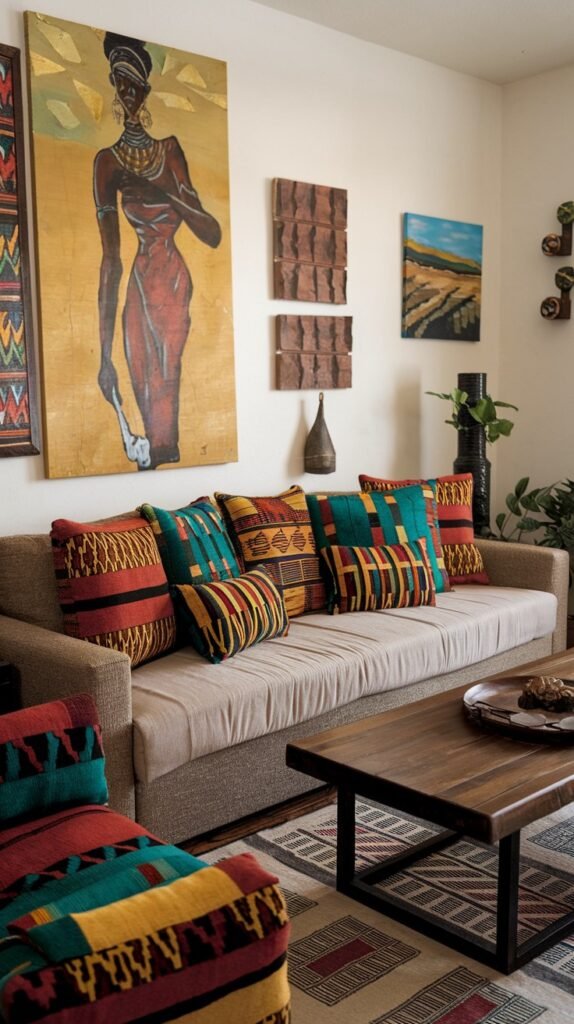 African-inspired living room featuring a beige sofa with colorful Kente-patterned throw pillows, matching armchair, wooden coffee table, and wall art including a large portrait of an African woman.