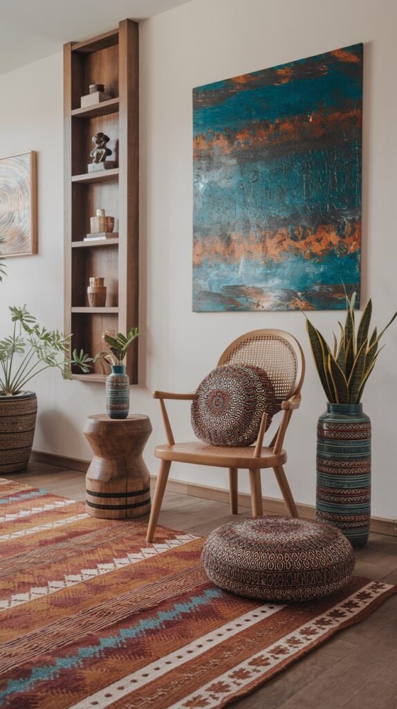 A light wooden armchair with a round patterned cushion and a coordinating ottoman invite relaxation. A small wooden stool, a tall patterned vase, and a large abstract painting with vibrant blue and orange tones create a modern and bold African home decor statement.