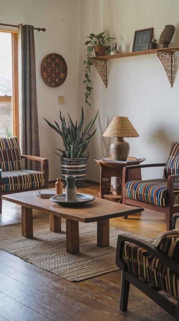 Two wooden armchairs with multi-colored striped upholstery surround a natural wooden coffee table. A large potted plant, a wooden wall shelf with various decorative items, and a patterned lamp contribute to a cozy and bold African home decor setting with eye-catching stripes.