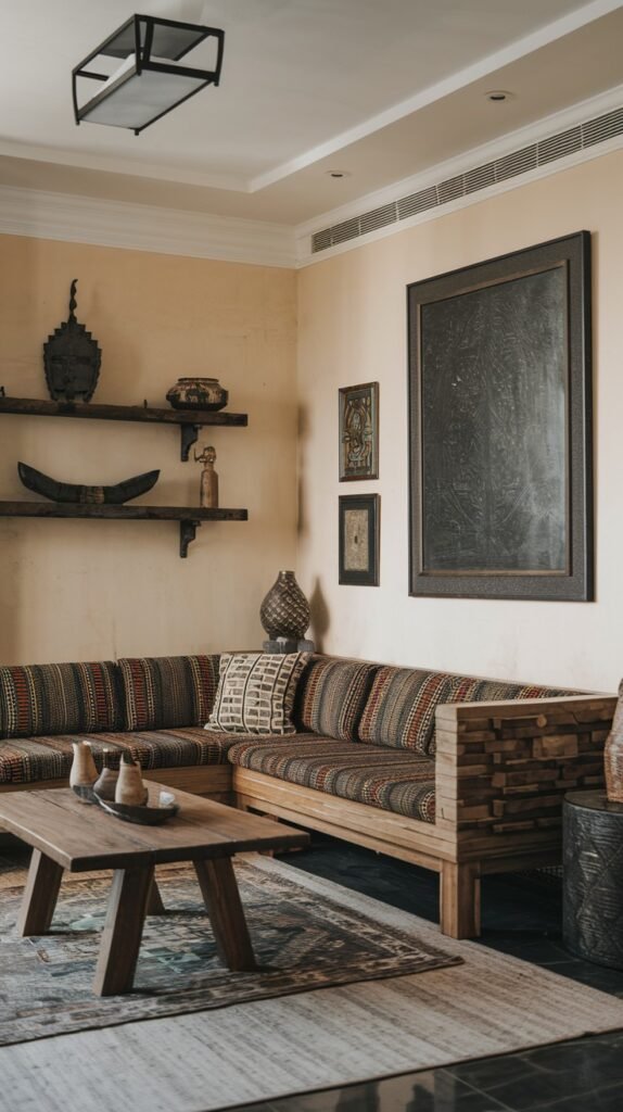 An L-shaped sofa with vibrant patterned upholstery is the centerpiece of this room, complemented by a rustic wooden coffee table. Decorative items are displayed on wall shelves, showcasing a very bold and earthy approach to African home decor.