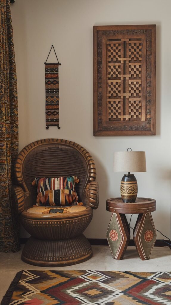 A grand wicker armchair with a patterned cushion sits beside a small wooden table holding a patterned lamp. A richly carved wooden wall panel and a geometrically patterned rug define this inviting corner, creating a comfortable and bold African home decor atmosphere.