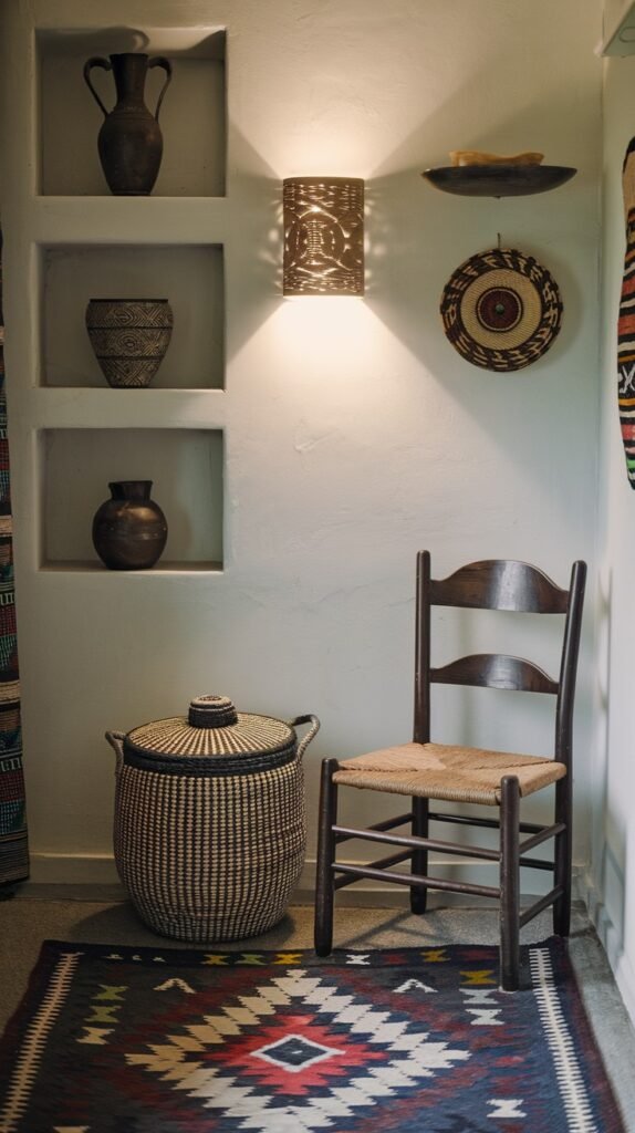 A simple yet charming corner featuring a large woven basket with a lid, a classic wooden chair with a woven seat, and built-in wall niches displaying various decorative vases. A geometrically patterned rug adds a vibrant touch, presenting an authentic and bold African home decor vignette.