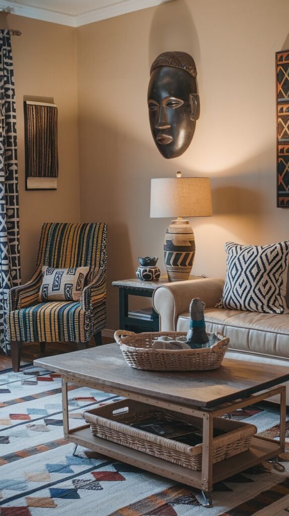 A light-colored sofa and an armchair with distinctive striped upholstery are arranged around a wooden coffee table with a woven basket. A large, dark African mask adorns the wall, and a patterned lamp casts a warm glow, all contributing to a rich and bold African home decor style.