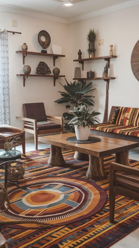 This vibrant living space includes a large wooden coffee table surrounded by various armchairs. Decorative wall shelves showcase multiple objects, while a prominent, round geometrically patterned rug in warm tones grounds the room, displaying a diverse and bold African home decor collection.