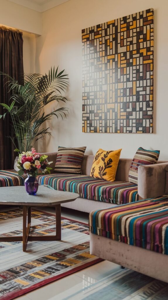 A brown sofa is brought to life with horizontally striped cushions and a striking yellow accent cushion, alongside a round coffee table adorned with flowers. A large abstract painting with bold geometric patterns creates a modern backdrop, completing this lively and bold African home decor setting.