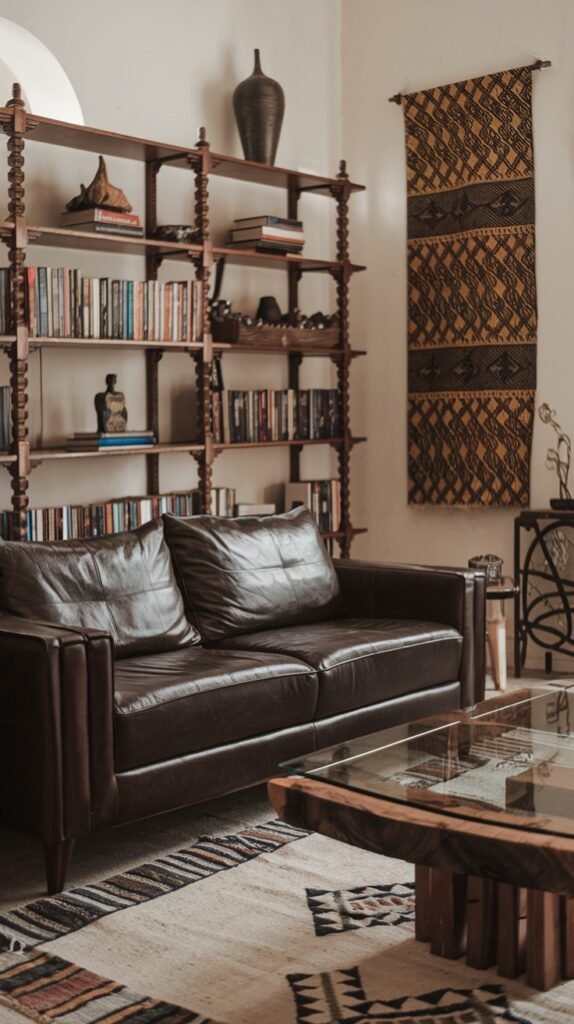 A cozy living room featuring a dark brown leather sofa, a tall wooden bookshelf filled with books and various decorative objects, and a textured rug. A bold African patterned wall hanging adds cultural flair to this inviting home decor space.