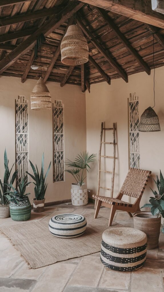 Natural-toned patio with woven pendant lights, wooden slatted chair, black and cream poufs, jute rug, potted plants, and decorative wall panels, creating a serene African-inspired space.