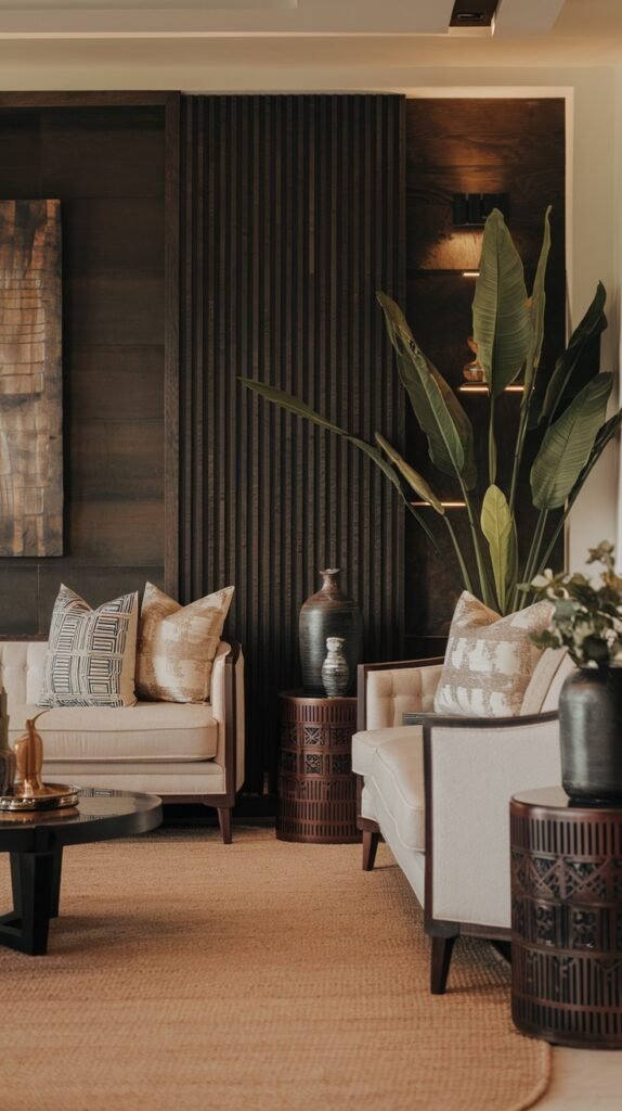 Two light-colored sofas face each other, accented by dark wooden vertical wall paneling and a large, lush potted plant. Round wooden side tables with intricate designs serve as practical and decorative elements, contributing to a sophisticated and bold African home decor aesthetic.