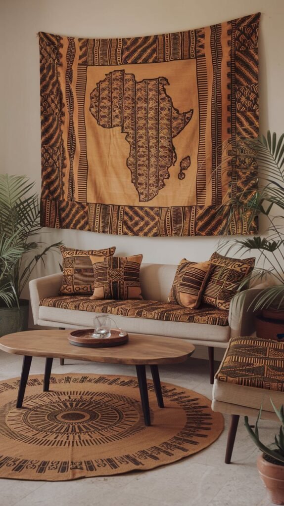 This inviting space features a light-colored sofa with matching patterned cushions and seat pads, an oval wooden coffee table, and a round patterned rug. Dominating the wall is a large tapestry depicting the map of Africa with bold geometric patterns, central to the African home decor theme.