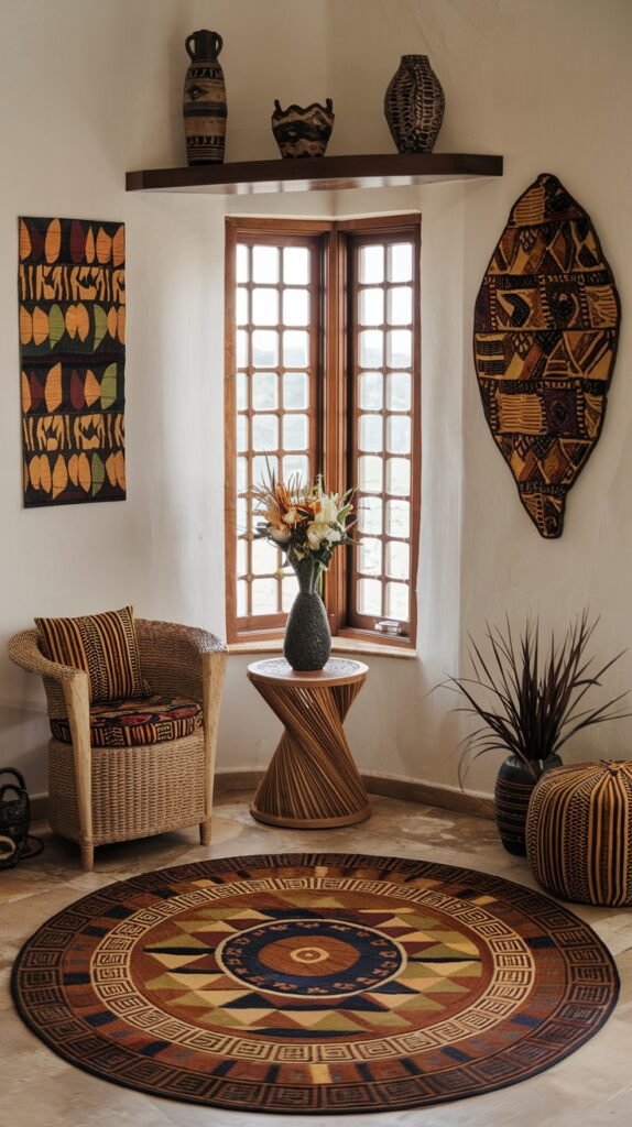 A charming corner with a wicker armchair dressed with a patterned cushion, a unique spiraled wooden side table holding a vase of colorful flowers, and a large, vibrant round patterned rug. Various wall art pieces, including a shield-like design, complete this colorful and bold African home decor arrangement.