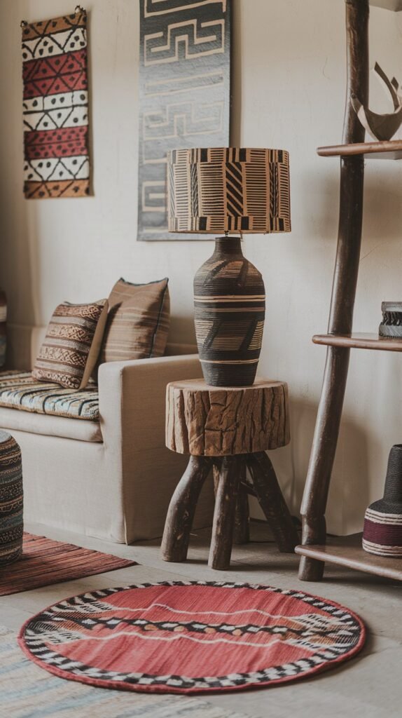 A comfortable light-colored sofa with patterned cushions sits beside a rustic tree stump side table, topped with a striking patterned lamp. A smaller round red patterned rug defines the floor space, while two distinct patterned wall hangings reinforce the bold African home decor style.