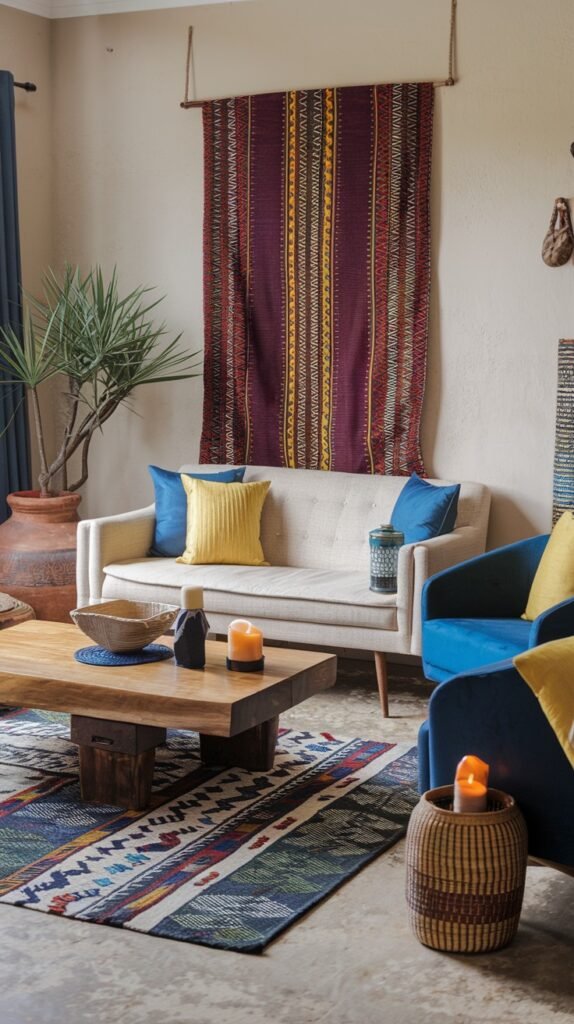 A white sofa is brightened by contrasting blue and yellow cushions, alongside a substantial wooden coffee table adorned with candles. A long, richly patterned wall hanging draws the eye upwards, accompanied by a blue armchair, all contributing to a visually bold African home decor setting.