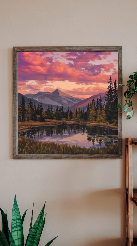 Tranquil mountain landscape painting at dusk with a reddish-pink sunset sky, a calm lake reflecting the sky, and surrounding pine trees and mountains, framed in rustic wood.