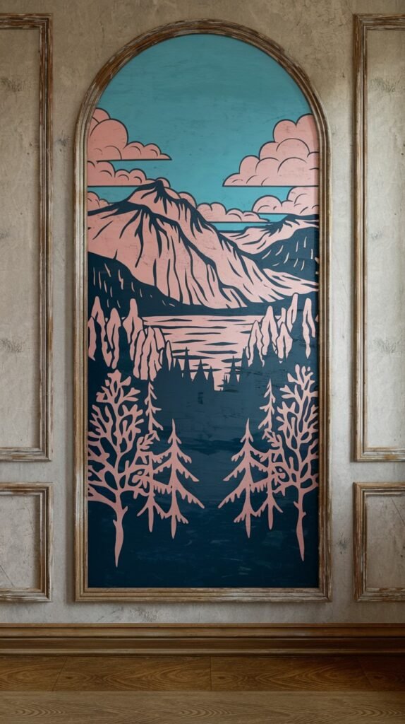 Arched artwork featuring a highly stylized mountain landscape with a deep blue foreground, bold dark pink mountains, and abstract dark pink trees under a teal sky with pink clouds.