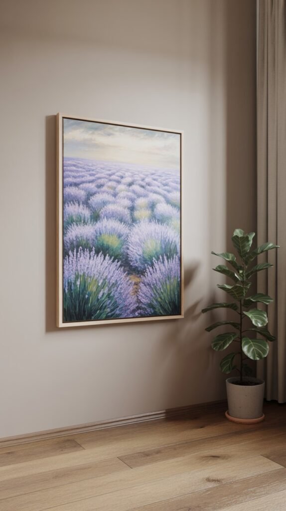 Vertical painting vividly capturing a sweeping field of vibrant purple lavender extending towards a soft, hazy horizon under a gentle sky.