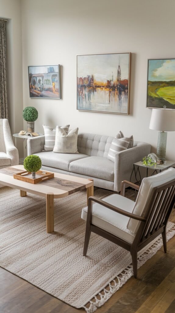 Curated grouping of three artworks above a sofa, with a central horizontal cityscape painting featuring vibrant reflections and warm colors, a smaller square architectural painting to its left, and a vertical landscape painting of a field to its right.