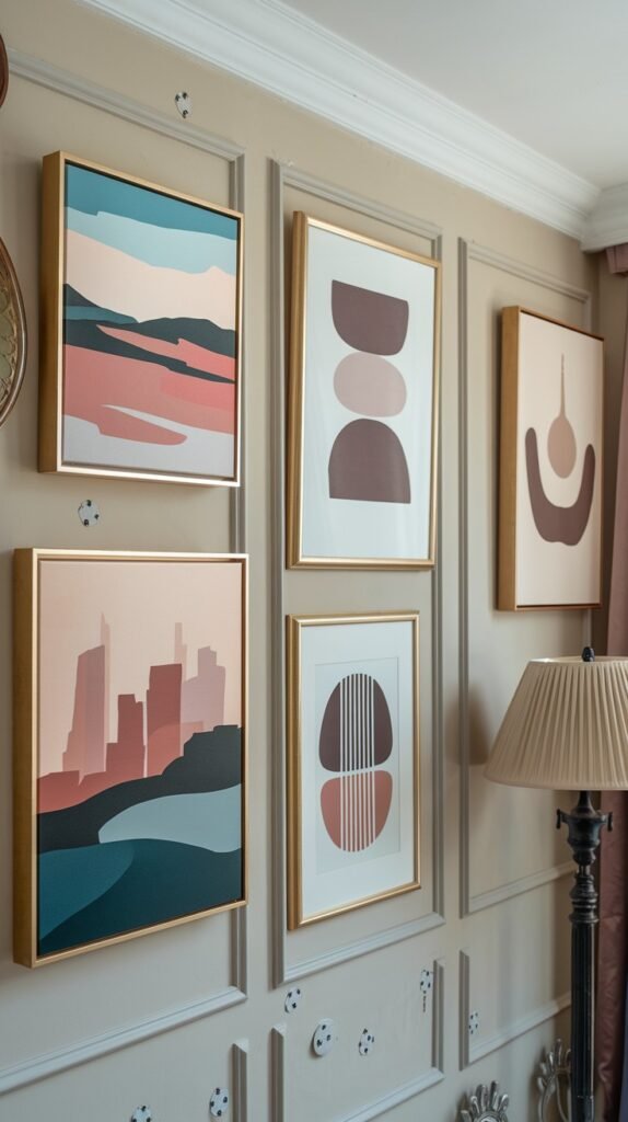 Stylish wall with a collection of framed artworks, including two rectangular paintings with stylized landscapes or cityscapes using blocks of pink, blue, and brown, and two vertical frames with abstract, organic shapes in muted tones.