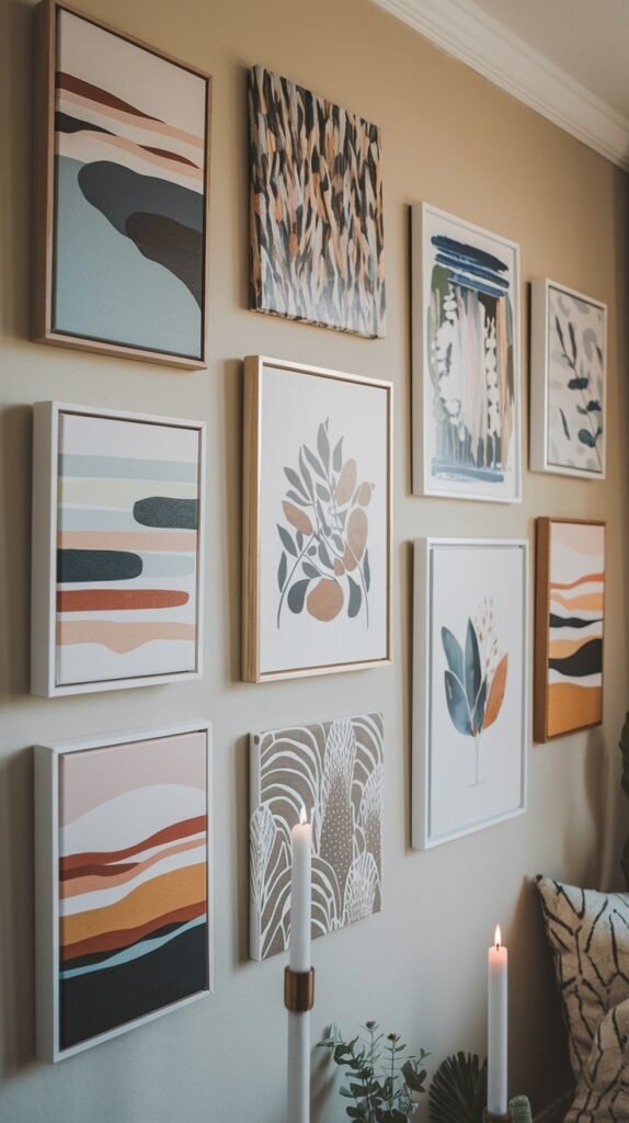 Eclectic gallery wall displaying a diverse array of framed and unframed artworks, including abstract pieces in earthy tones with fluid shapes, delicate botanical illustrations of leaves and branches, and a textured abstract piece.
