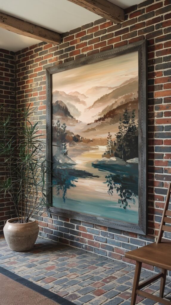 Very large, impressive framed painting depicting a dramatic mountain and lake scene, with misty, layered mountains in warm browns and greys above a deep blue body of water that reflects the sky, and dark foreground trees.
