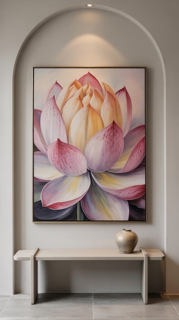 Prominent painting of a large, intricately detailed lotus flower with petals showing a gradient of pink, white, and yellow, serving as a focal point within an arched wall alcove.
