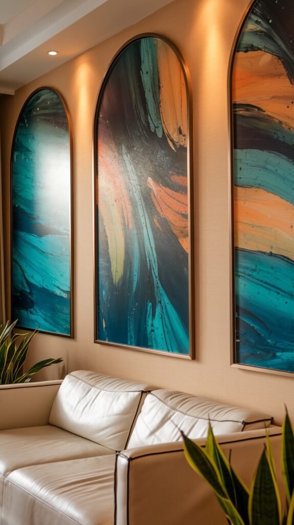Series of three vertically oriented, arched abstract paintings with sweeping, expressive brushstrokes in teal, deep blue, and vivid orange hues, each elegantly framed with a metallic border.