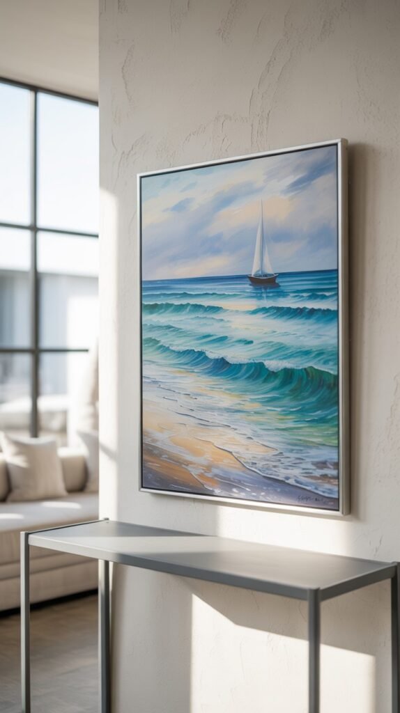 Vertical painting vividly depicting a single sailboat gracefully navigating a body of water with energetic, frothy blue and white waves, with a sandy beach in the foreground and a cloud-dappled sky.