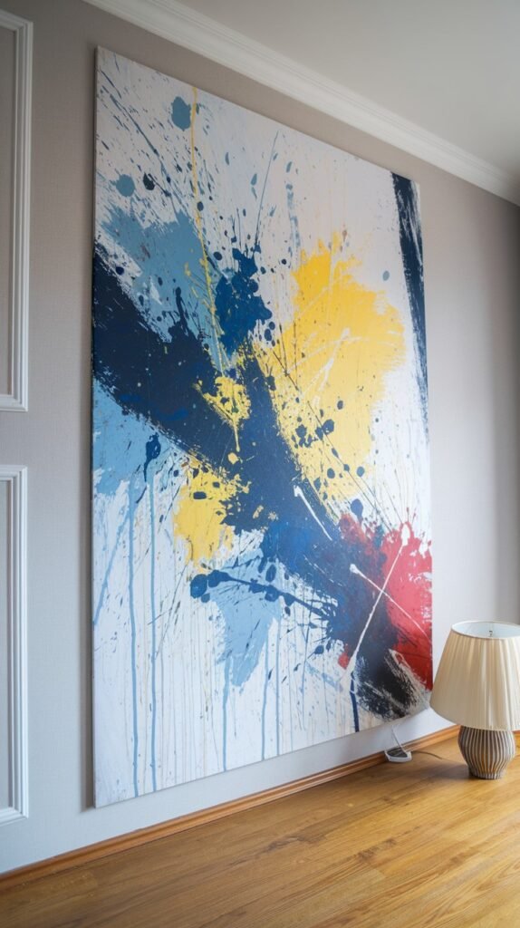 Large, impactful abstract painting with energetic splatters and broad strokes of dark blue, bright yellow, light blue, and red on a white canvas, showing visible paint drips.