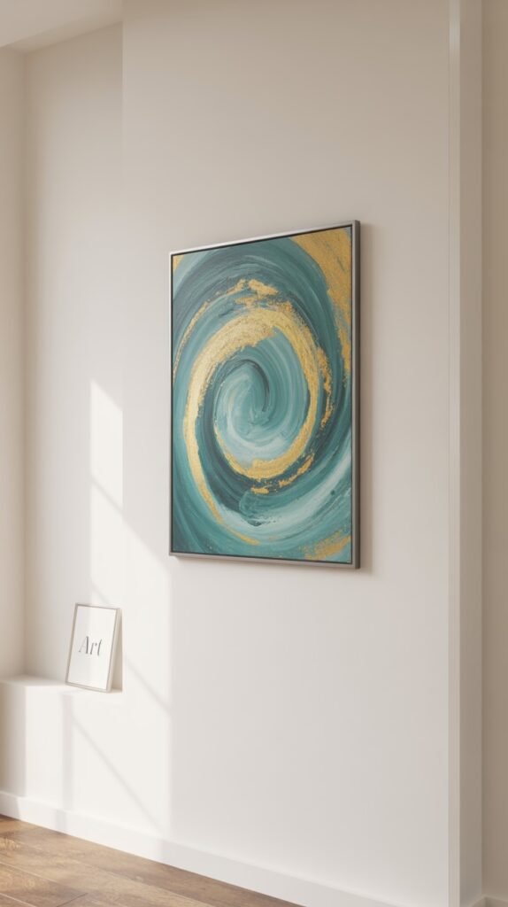 Abstract painting dominated by a large, dynamic swirl of teal, light blue, and striking gold accents, conveying motion and fluidity, presented in a simple silver-toned frame.