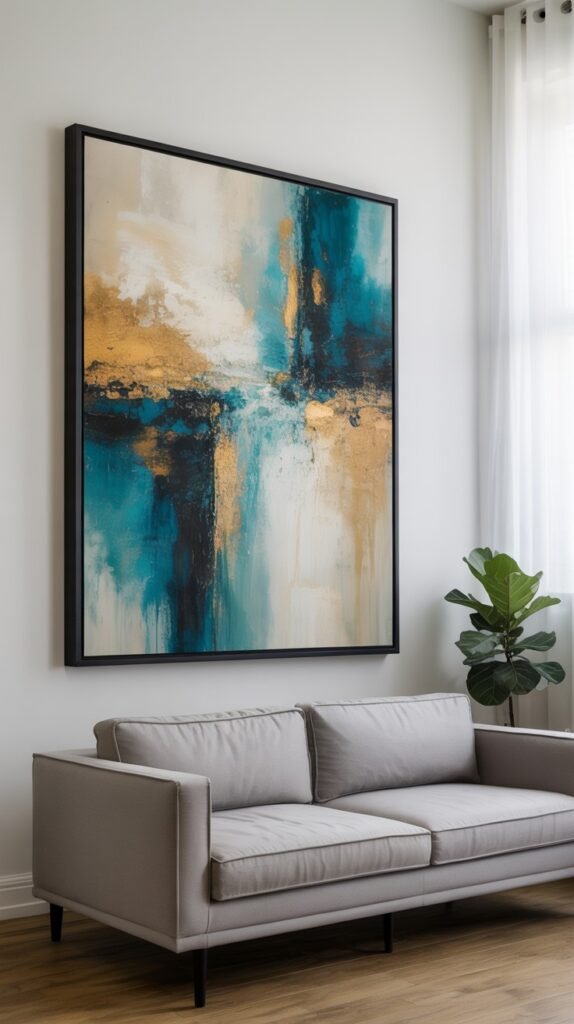 Large, rectangular abstract painting with bold combinations of deep teal and blue tones contrasted with striking gold leaf or paint accents, featuring a textured appearance and enclosed in a thick black frame.