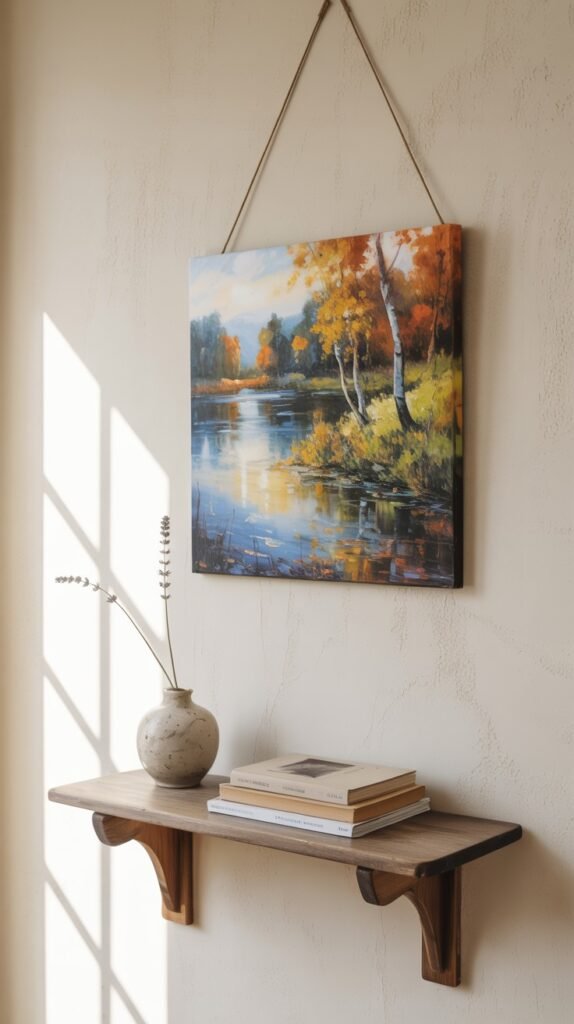 Square painting capturing an autumn landscape with a calm lake reflecting the warm, vibrant hues of trees with orange and yellow leaves, uniquely suspended from the wall by a rope.