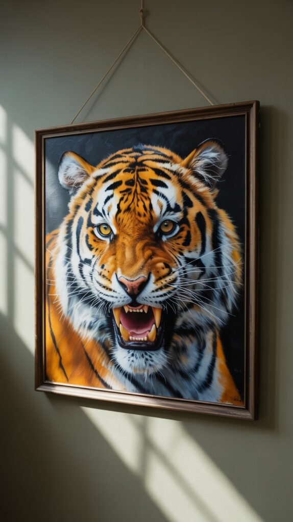 Square painting featuring a powerful close-up portrait of a tiger mid-roar, with open mouth and displayed fangs, vivid orange and black stripes, and intense yellow eyes, also suspended by a rope.