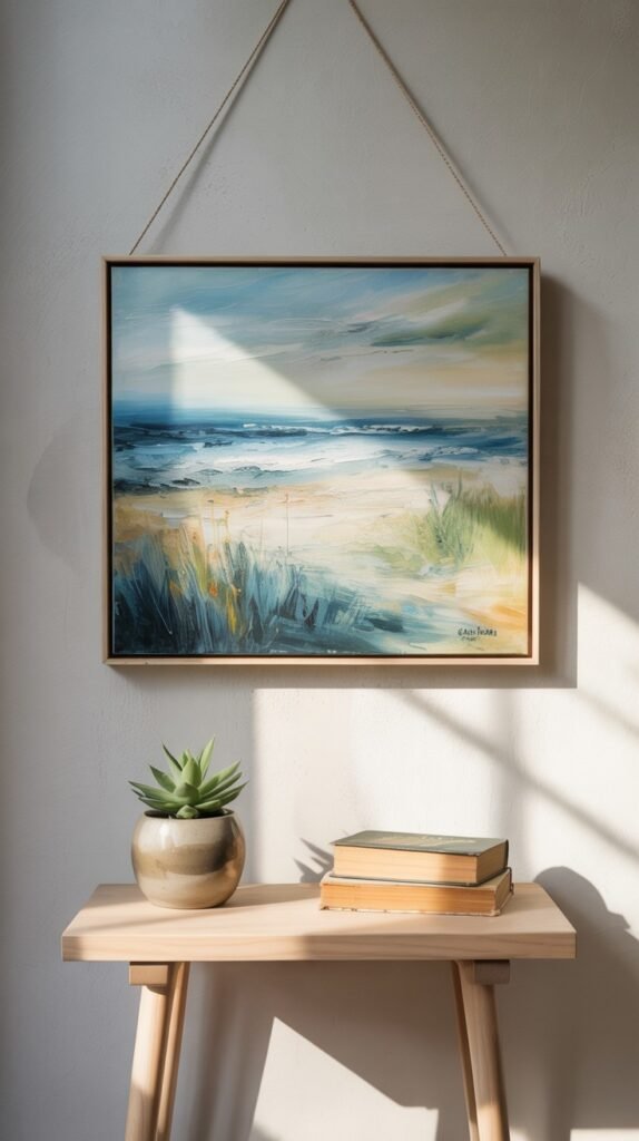 Square painting showcasing a tranquil coastal beach scene with a wide expanse of sand, patches of tall green and yellow grasses, leading to the ocean with gentle waves under a bright sky, suspended from the wall by a rope.