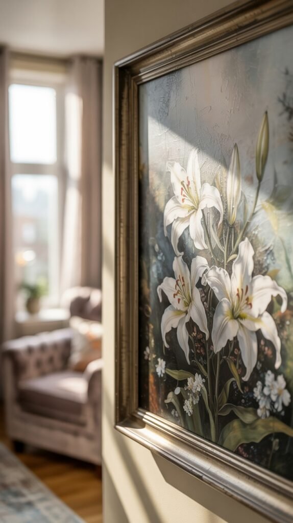 Close-up painting of several pristine white lilies surrounded by lush green foliage, beautifully presented in a detailed, ornate gold frame, with natural sunlight highlighting the flowers' details.