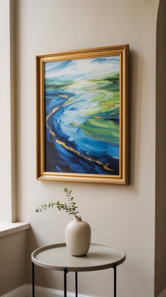 Abstract painting featuring river-like flows in blue and green with shimmering gold lines, set in an ornate gold frame.