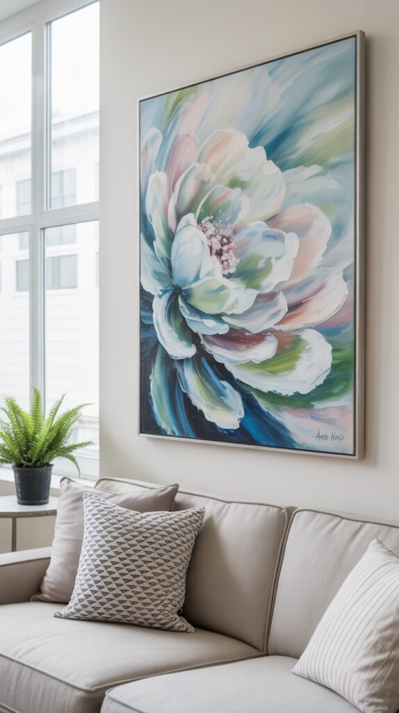 Large floral painting with a soft, ethereal pastel palette of blues, greens, pinks, and whites, depicting a grand, multi-petaled flower with gentle brushstrokes, encased in a sleek silver-toned frame.