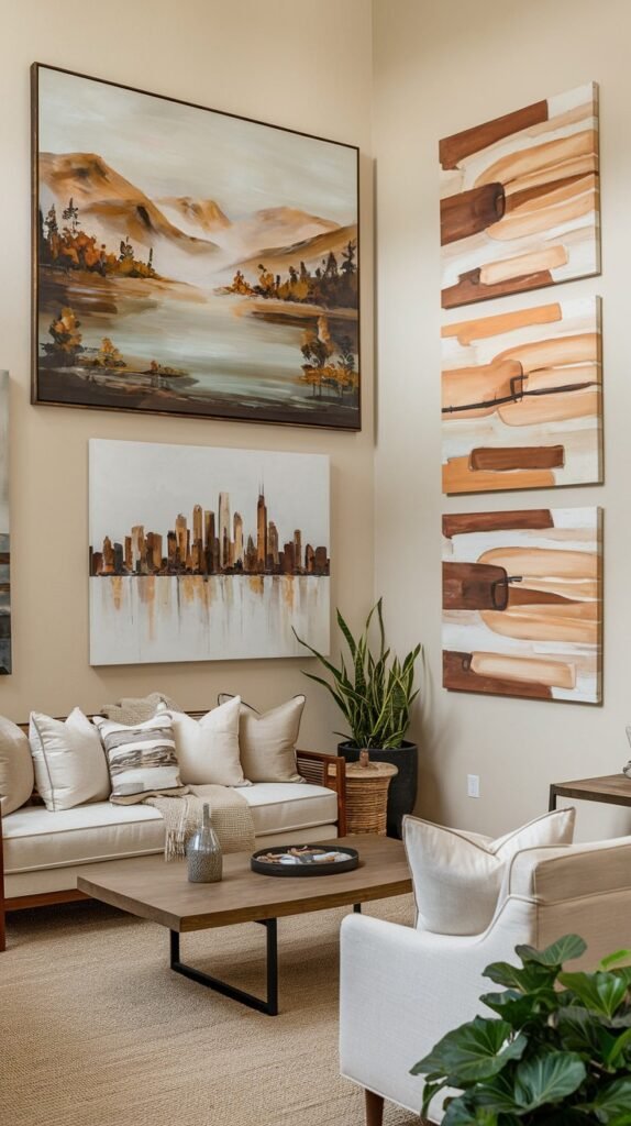 Decor arrangement featuring a large horizontal landscape painting of misty mountains and a lake in earthy tones, a smaller city skyline painting with reflections below it, and three vertical abstract panels in warm browns and beiges with horizontal strokes.