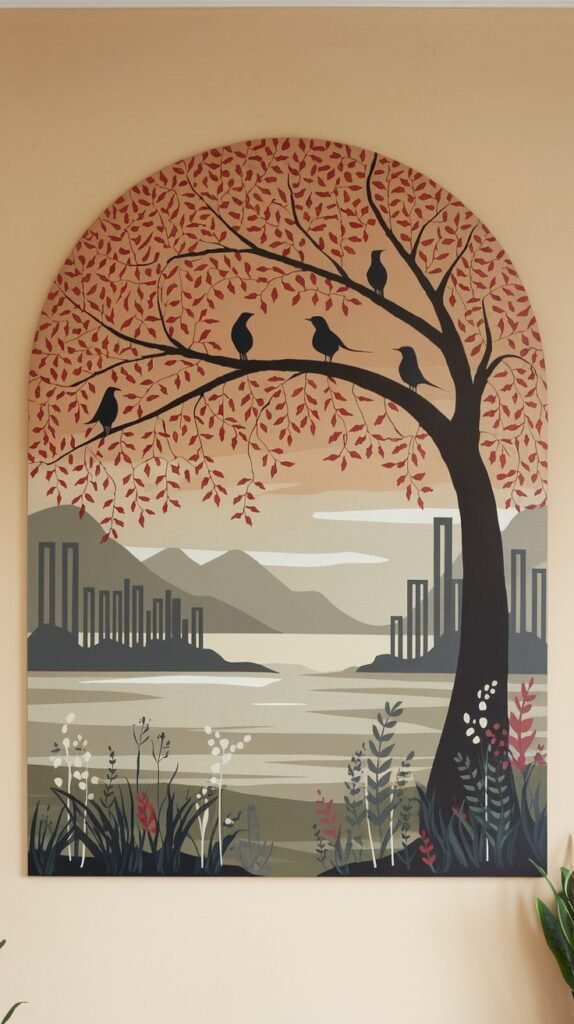 Arched painting of a stylized tree with deep red autumn leaves and several black birds perched, with a background of a calm lake, muted distant cityscape, and mountains under a warm sky.
