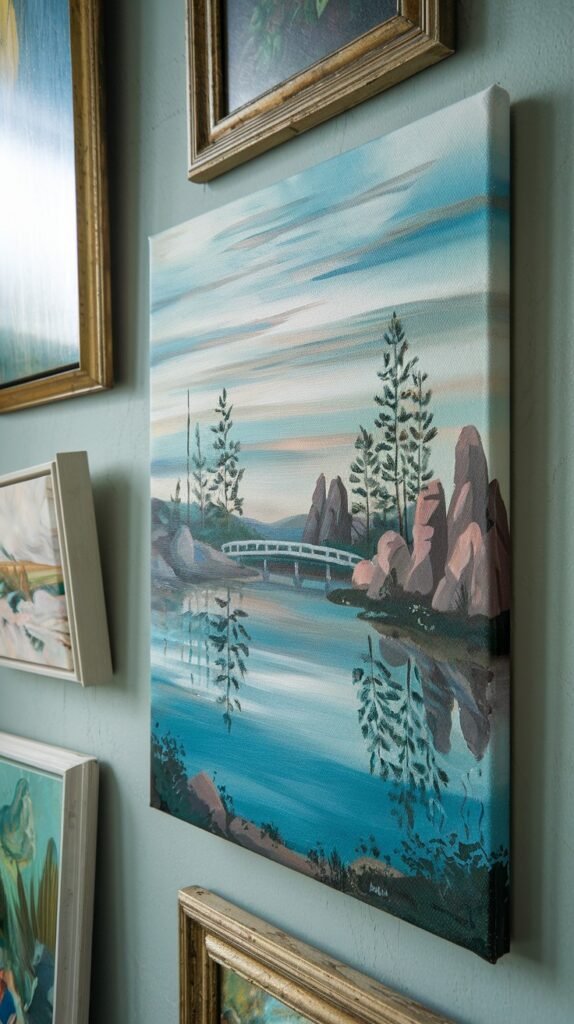 Vertical landscape painting of a calm blue lake reflecting pine trees and a light blue sky, with prominent rock formations and a small bridge, displaying a soft, subtly textured appearance.