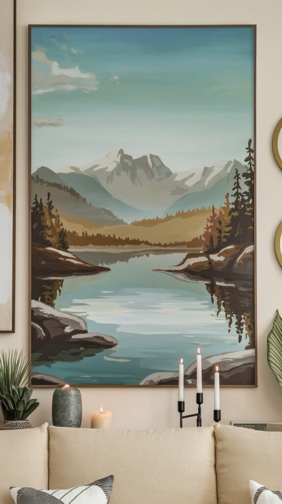 Large, expansive landscape painting showcasing a vast lake surrounded by dense pine forests and majestic snow-capped mountains under a clear sky, with reflections in the tranquil water.