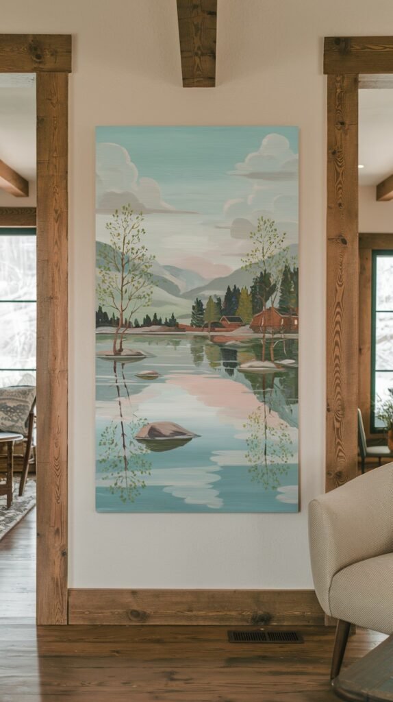 Tall, vertical painting of a calm lake reflecting the sky and distant elements, featuring a small cabin nestled among trees on the far shore and sparse trees on the near side.